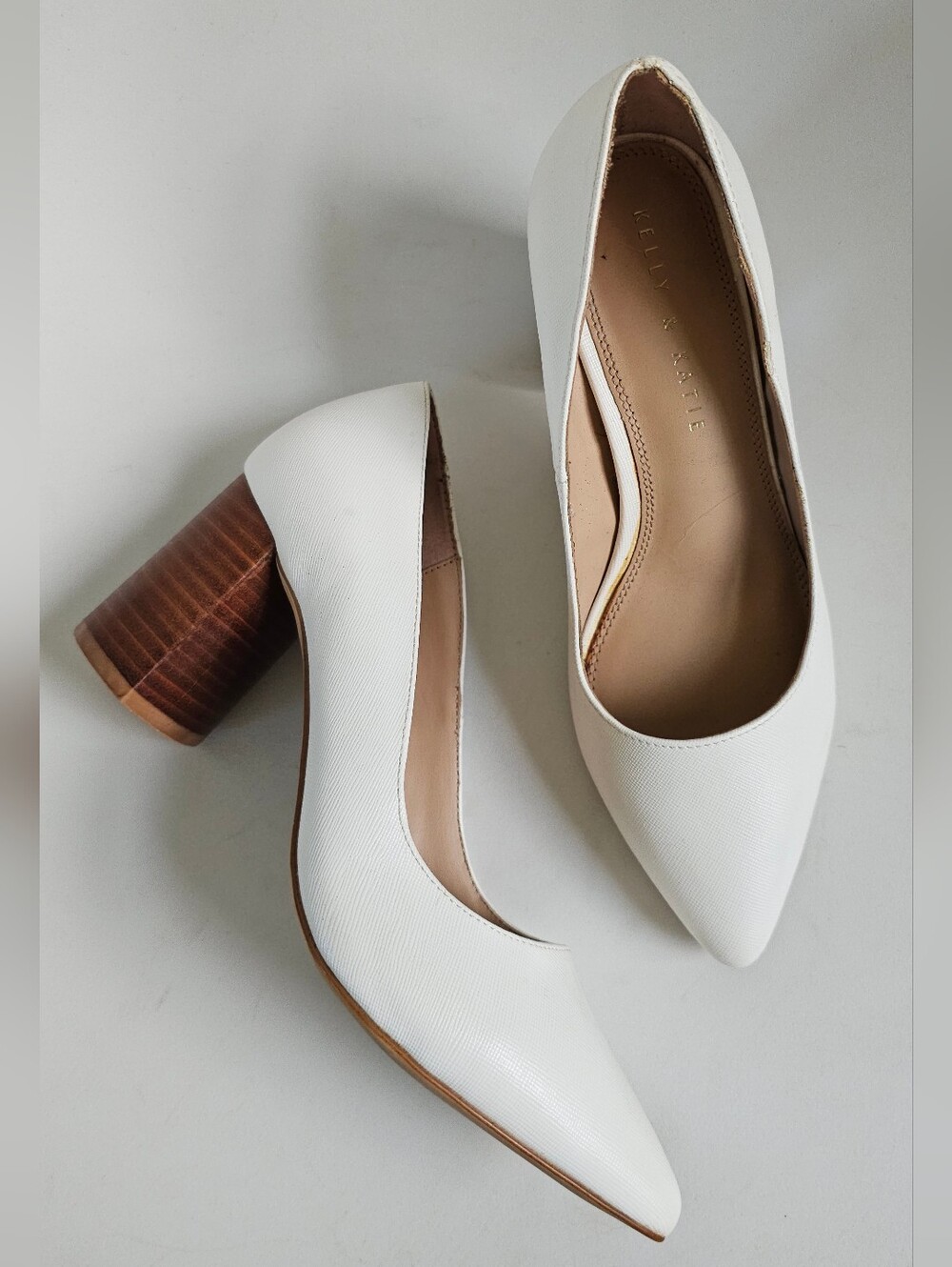 KELLY & KATE  White Rosewell Block Heel Pumps